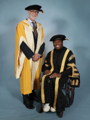 Carl Arntzen, chief executive of Worcester Bosch, with the new chancellor of Birmingham City University, Ade Adepitan. 
Photo credit: Jason Sheldon, Junction 10 Photography.